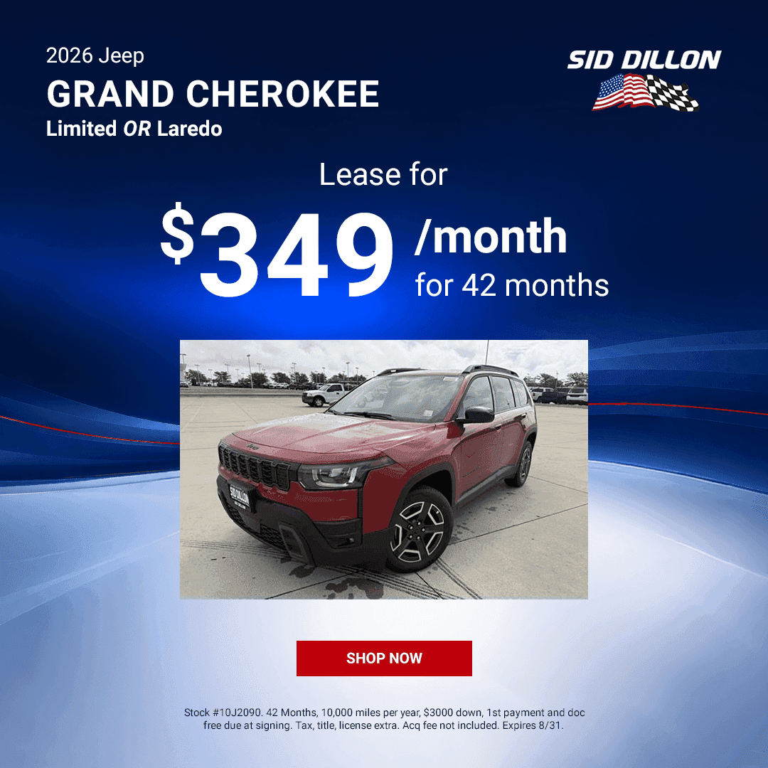 Sid Dillon August lease offer for a red 2026 Jeep Cherokee Limited or Laredo SUV