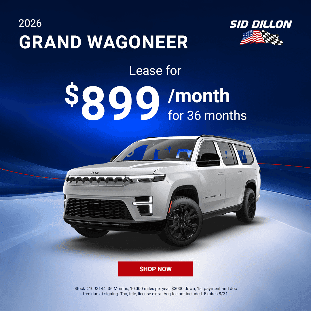 Sid Dillon August lease offer for a white 2026 Grand Wagoneer three-row premium SUV