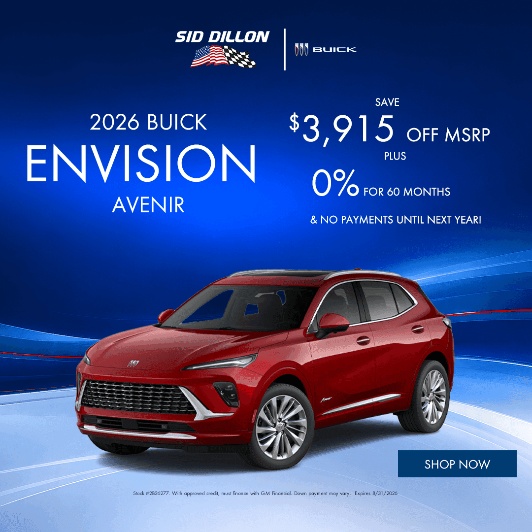 Sid Dillon Buick GMC of Fremont August offer for a red 2026 Buick Envision Avenir with $3,915 off MSRP and 0 percent financing