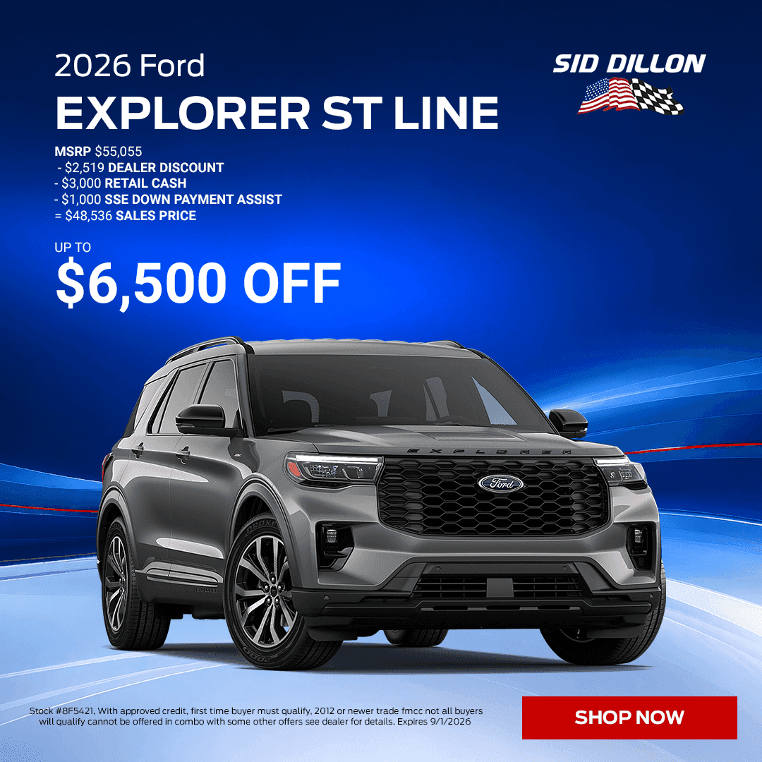 Sid Dillon Ford of Crete August offer for a 2026 Ford Explorer ST-Line priced at $48,536 with up to $6,500 off
