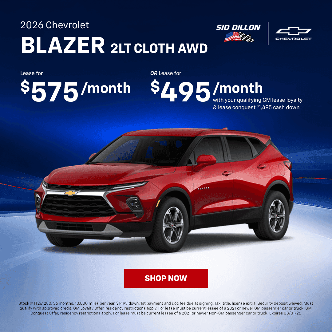 August 2026 Chevrolet Blazer 2LT Cloth AWD lease offer for $575 per month or $495 per month with qualifying incentives at Sid Dillon