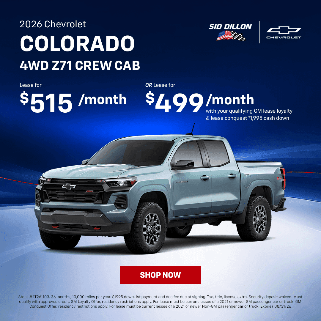 August 2026 Chevrolet Colorado Z71 4WD Crew Cab lease offer for $515 per month or $499 per month with qualifying incentives and $1,995 down