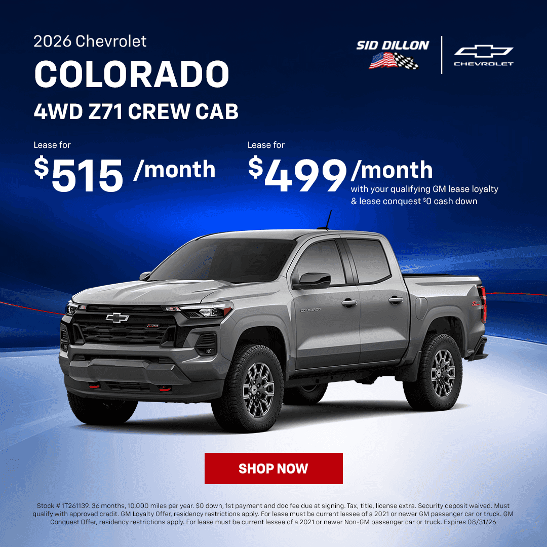 August 2026 Chevrolet Colorado Z71 4WD Crew Cab lease offer for $499 per month with qualifying GM incentives and zero cash down