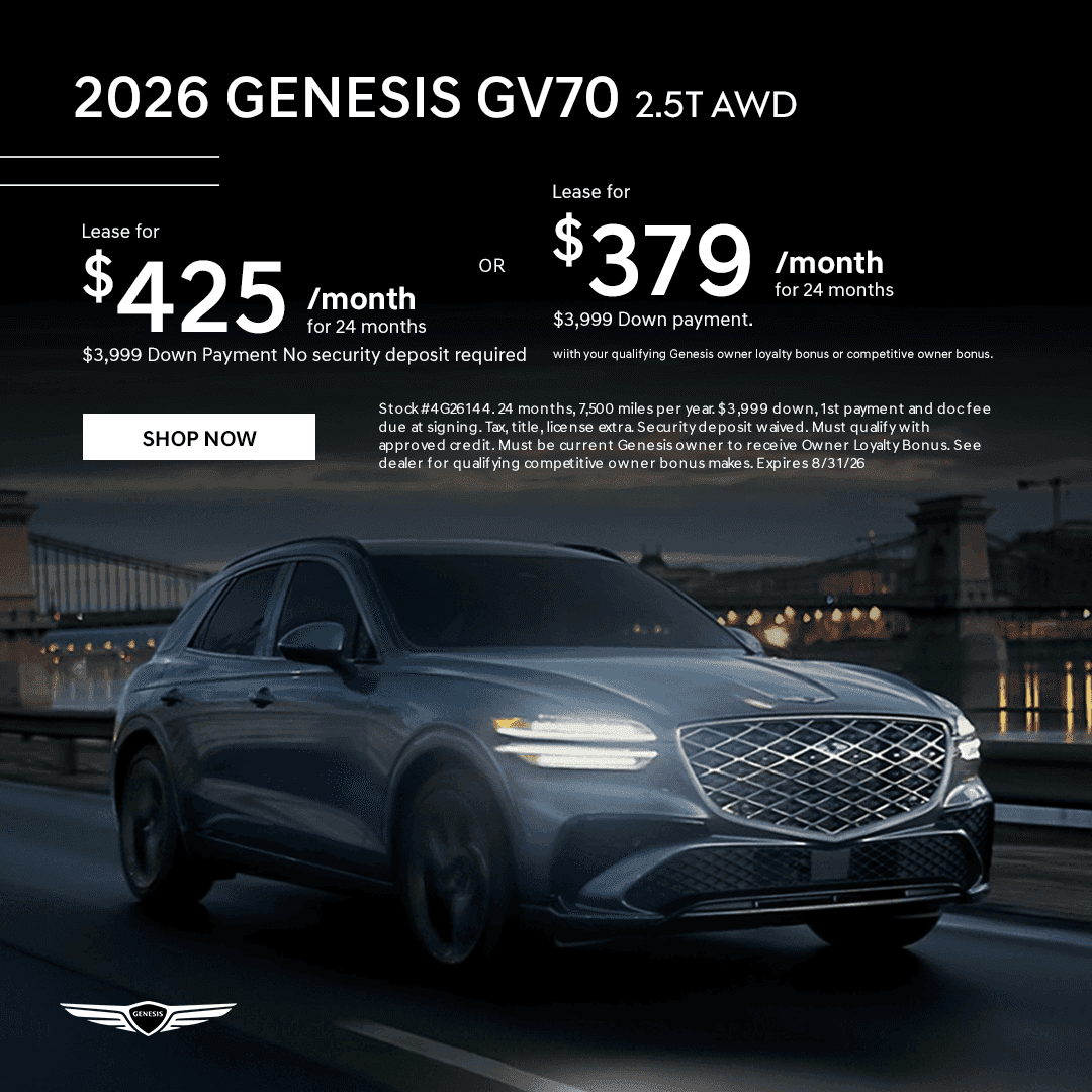 August 2026 lease offer for a new Genesis GV70 2.5T AWD at Sid Dillon Genesis of Lincoln, starting at $379 per month for qualifying owners