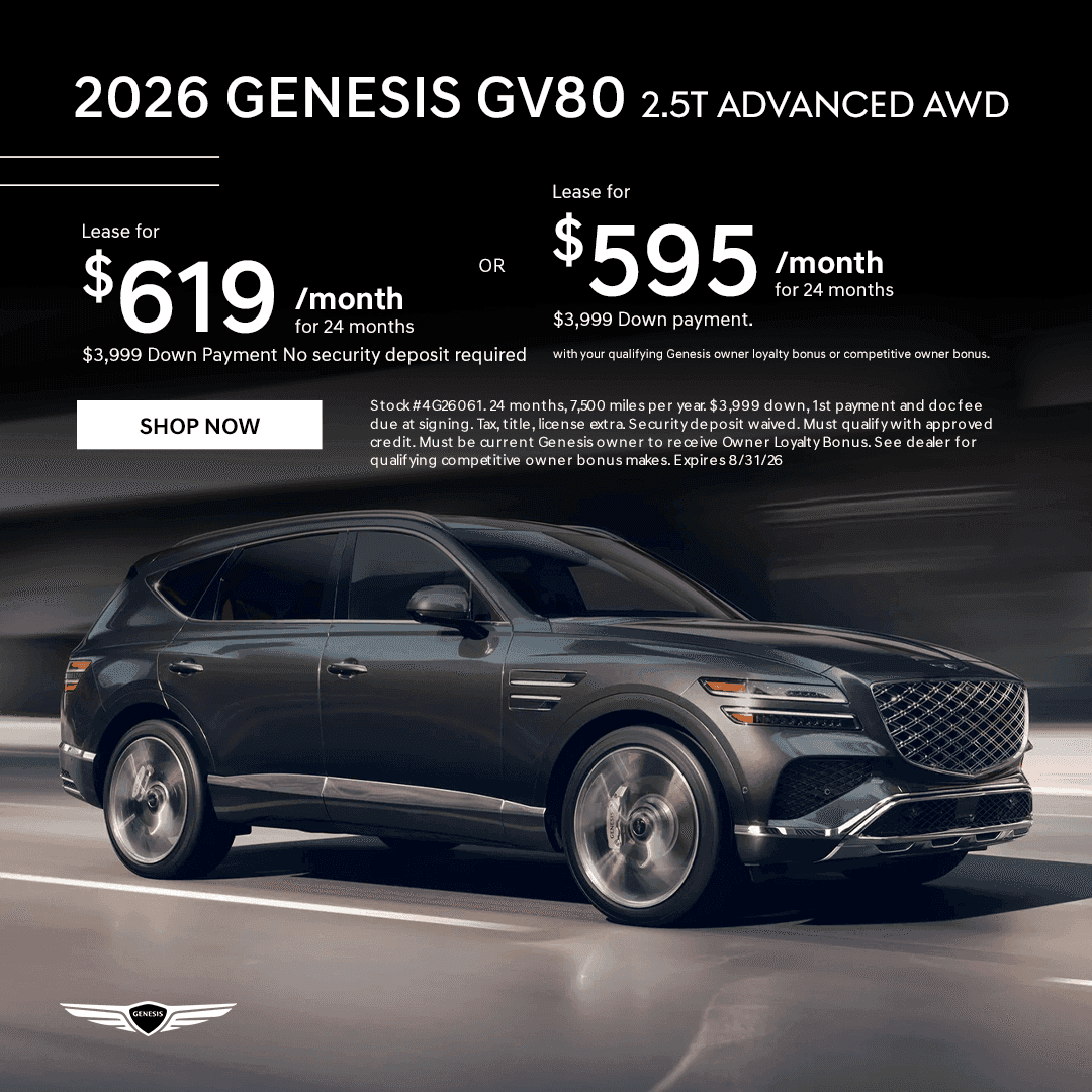 August 2026 lease offer for a new Genesis GV80 2.5T Advanced AWD at Sid Dillon Genesis of Lincoln, starting at $595 per month for qualifying owners