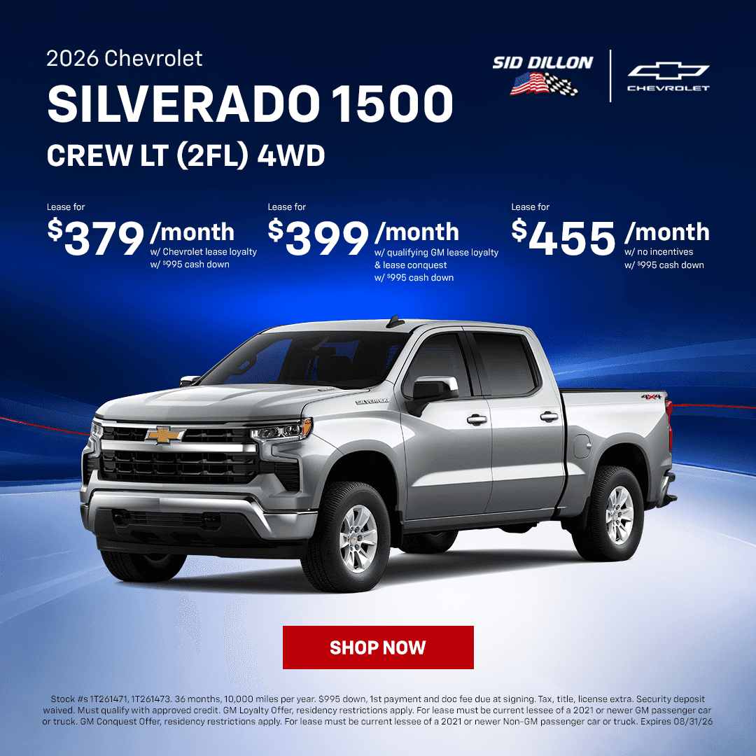 August 2026 Chevrolet Silverado 1500 Crew Cab LT 4WD lease offers starting at $379 per month with qualifying incentives