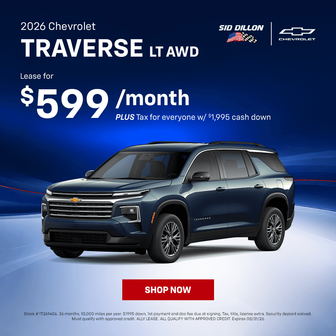 August 2026 Chevrolet Traverse LT AWD lease offer for $599 per month plus tax with $1,995 down at Sid Dillon