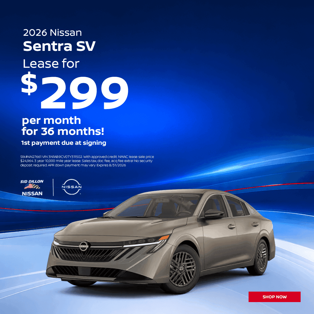 August 2026 Nissan Sentra SV lease offer for $299 per month for 36 months at Sid Dillon Nissan of Lincoln