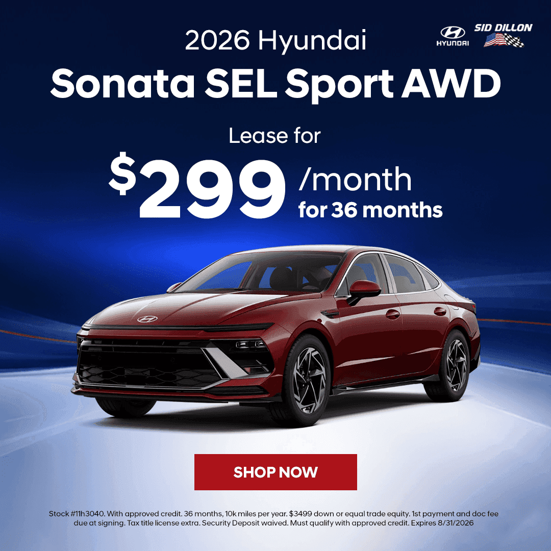 August 2026 Hyundai Sonata SEL Sport AWD lease offer for $299 per month for 36 months at Sid Dillon Hyundai of Lincoln
