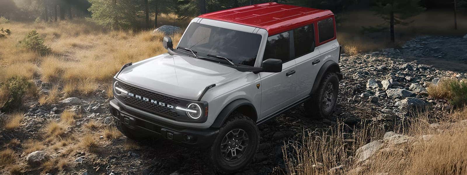 Gray 2026 Ford Bronco with a red roof parked on a rocky trail in a wooded landscape