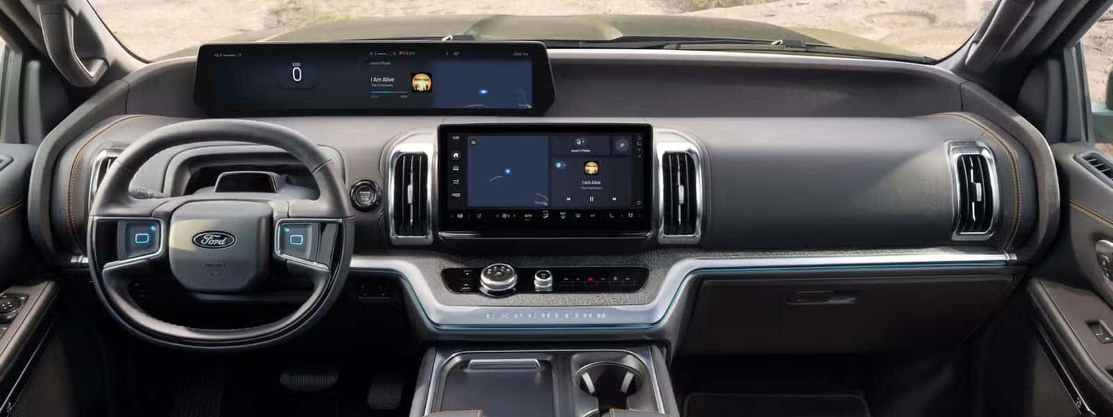 2026 Ford Expedition interior with panoramic digital display, center touchscreen, and modern dashboard