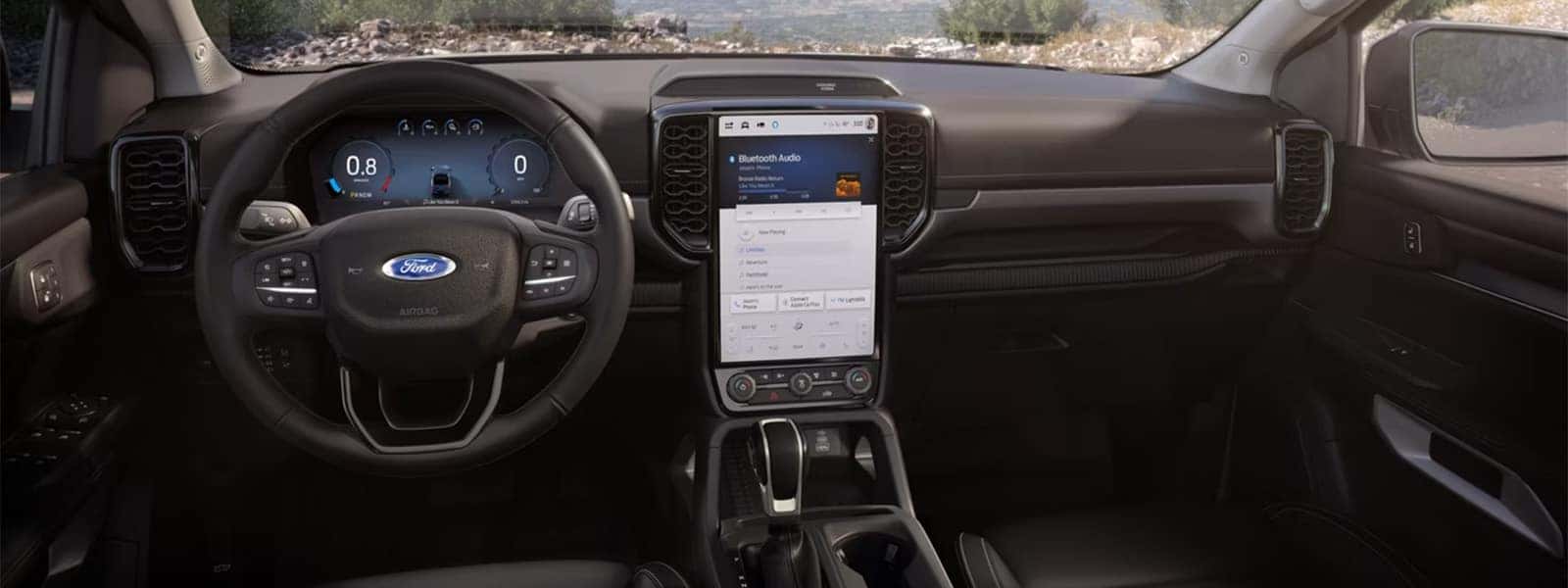 2026 Ford Ranger interior with digital instrument cluster and vertical SYNC 4A touchscreen