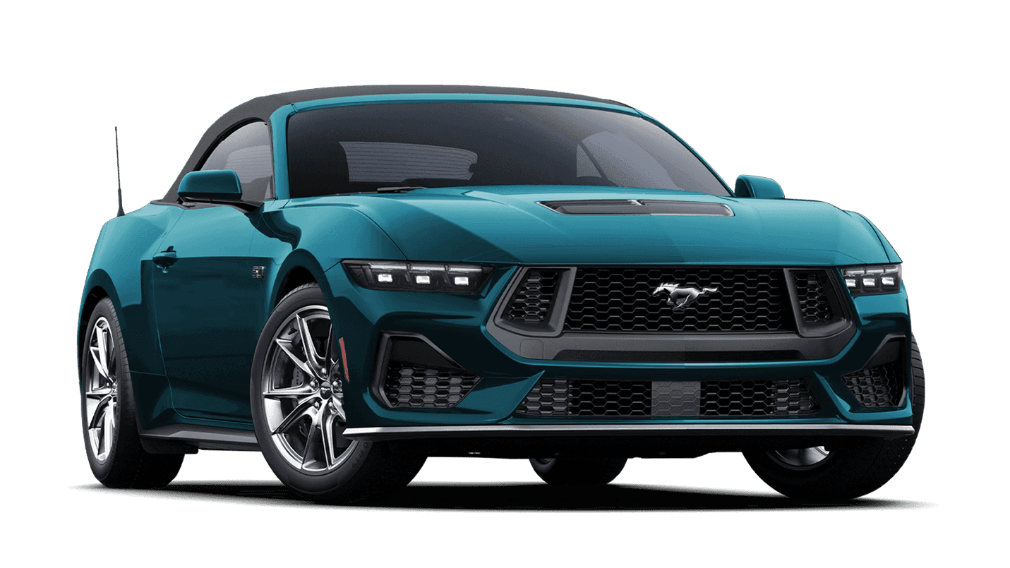 Adriatic Blue 2026 Ford Mustang GT Premium Convertible with black soft top and V8 styling