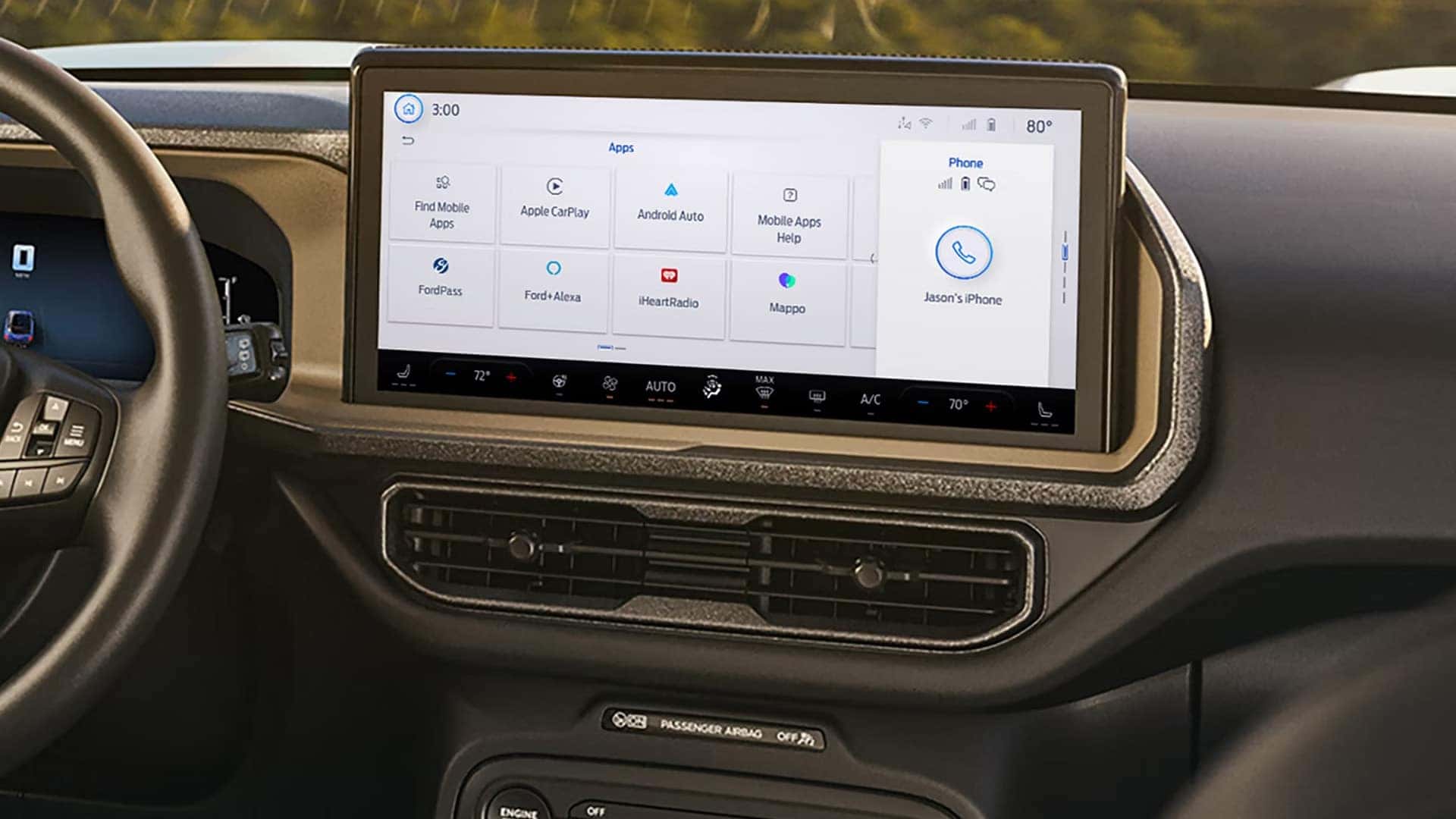 Ford Bronco Sport touchscreen displaying Apple CarPlay, Android Auto, and connected app options