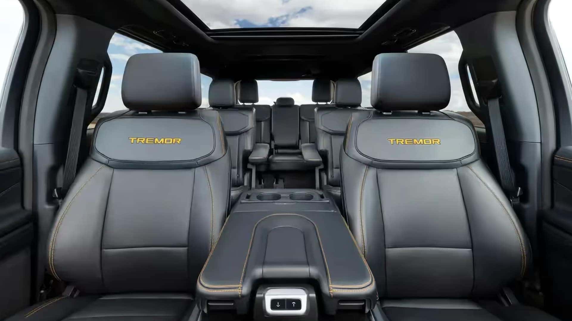 2026 Ford Expedition Tremor interior with front seats, second-row captain's chairs, and panoramic roof
