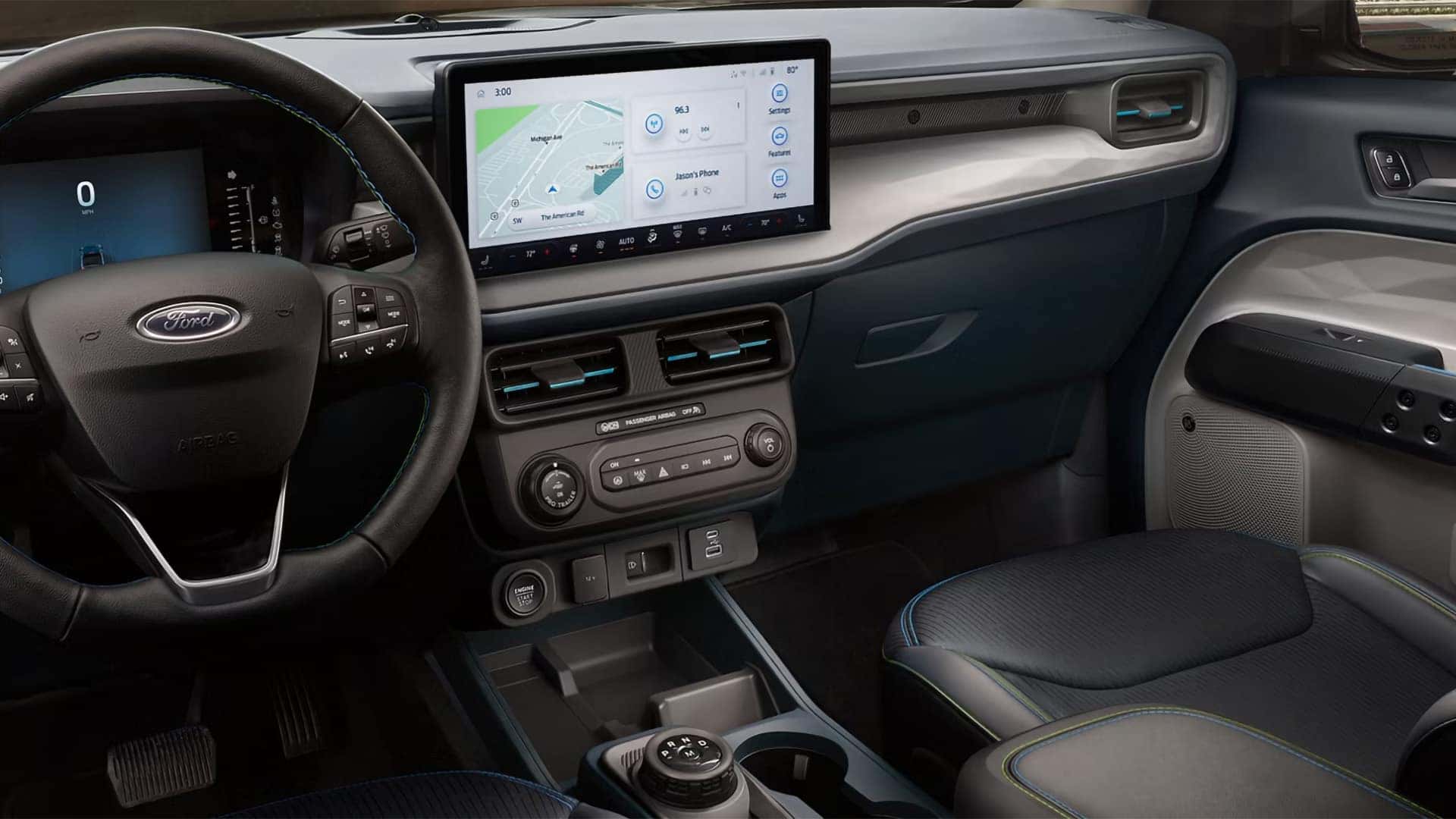 2026 Ford Maverick dashboard with steering wheel, center touchscreen, and storage tray