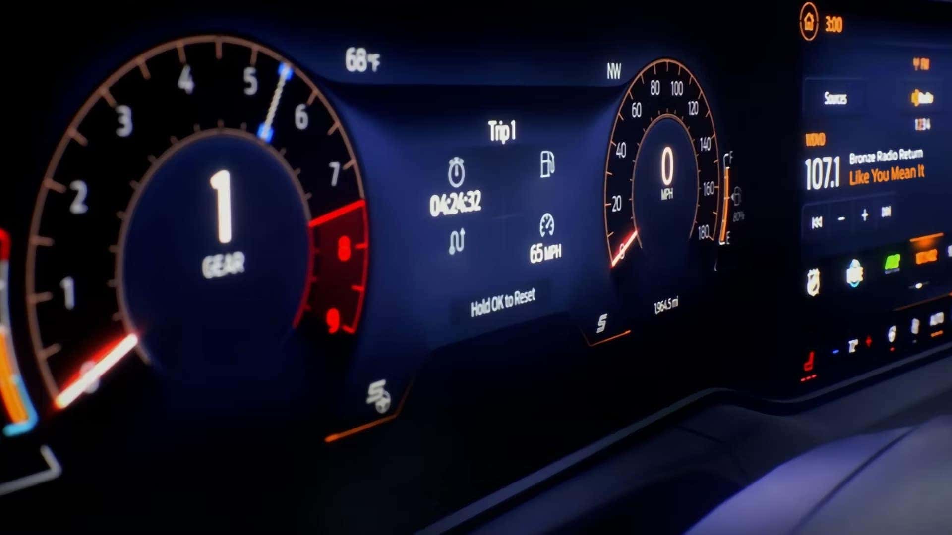 Close-up of the 2026 Ford Mustang digital instrument cluster showing gauges, trip information, and vehicle data