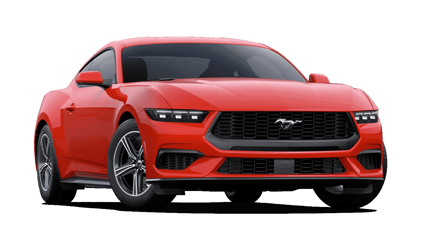 Red 2026 Ford Mustang EcoBoost Fastback shown from the front three-quarter view
