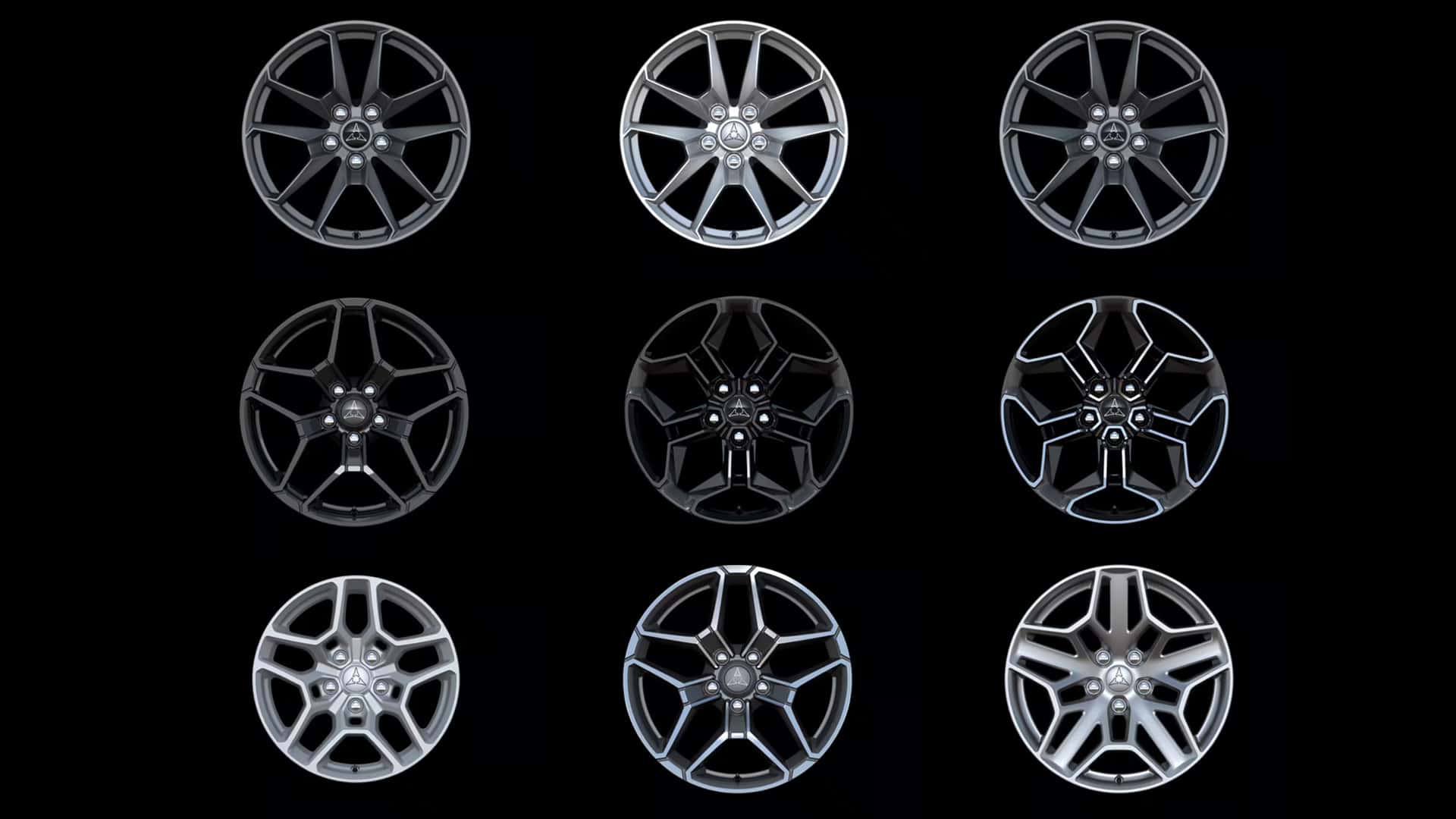 Nine multi-spoke Dodge wheel designs arranged in a three-by-three grid on a solid black background.