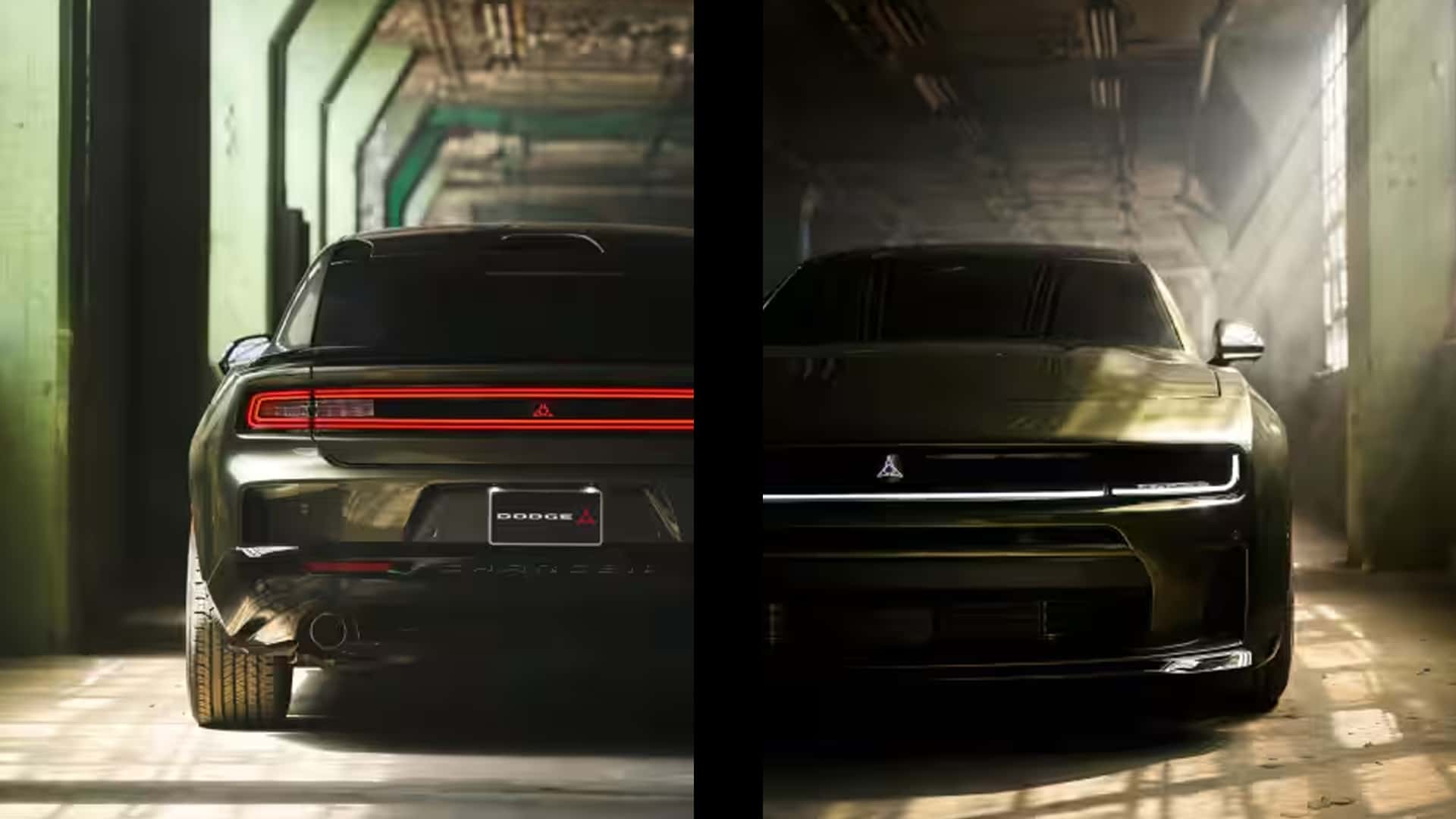 Split front and rear views of a dark Dodge Charger with white front and red rear lighting illuminated.