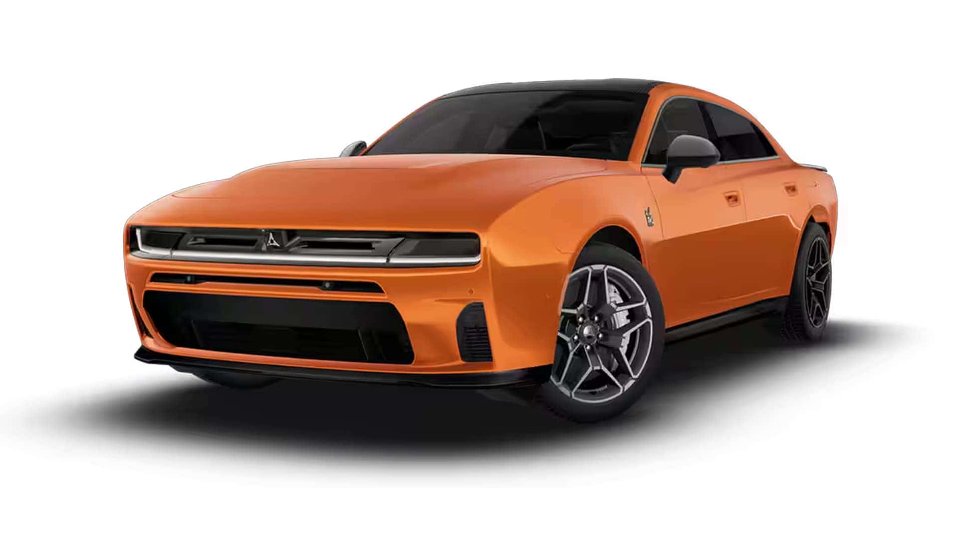 Orange four-door Dodge Charger shown from the front three-quarter angle on a plain white background.
