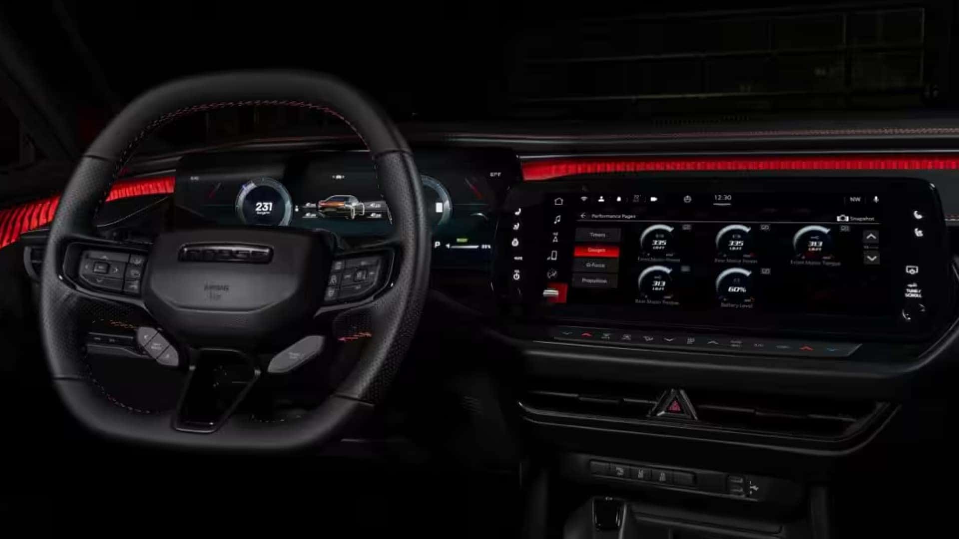 Black Dodge steering wheel, digital gauge cluster, center touchscreen, and red dashboard accent lighting.