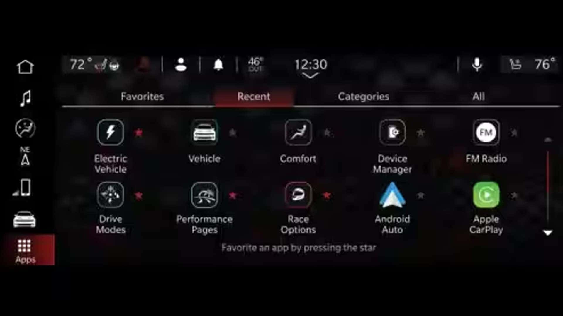 Touchscreen app menu showing Drive Modes, Performance Pages, Android Auto, Apple CarPlay, and FM Radio.