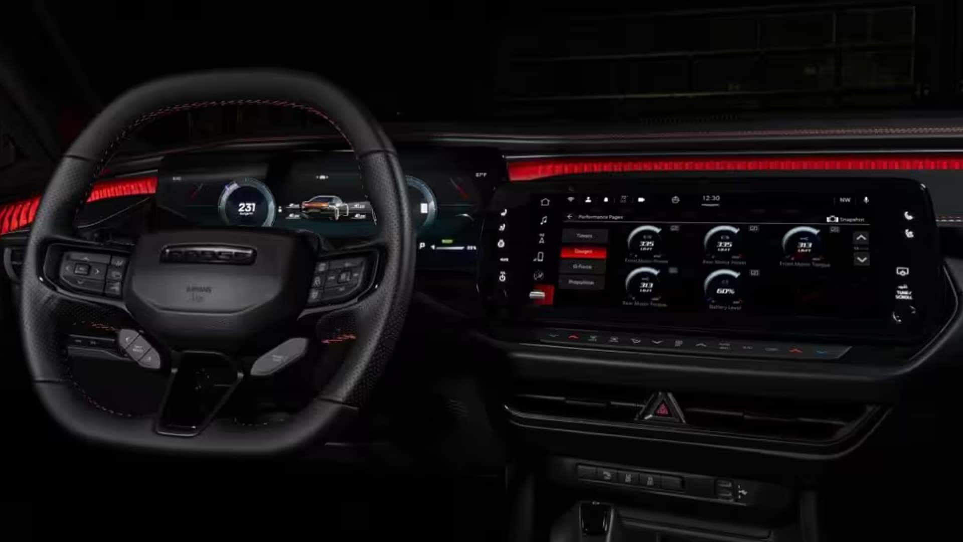 Dodge steering wheel, digital gauge cluster, and center touchscreen displaying Performance Pages gauges.