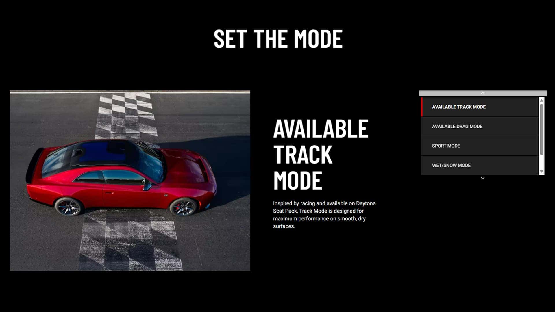 Red Dodge Charger shown on a racetrack beside an Available Track Mode menu and drive mode selector.