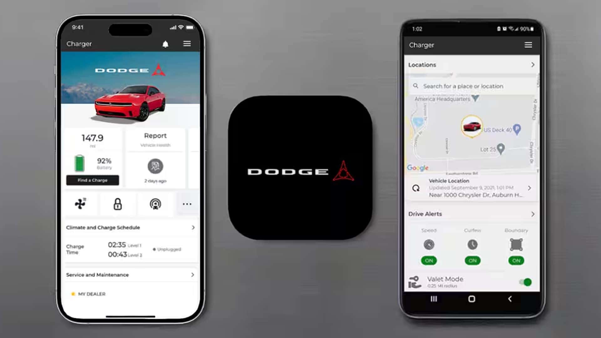 Two smartphones displaying Dodge app screens with vehicle status, location, and controls beside a Dodge logo.