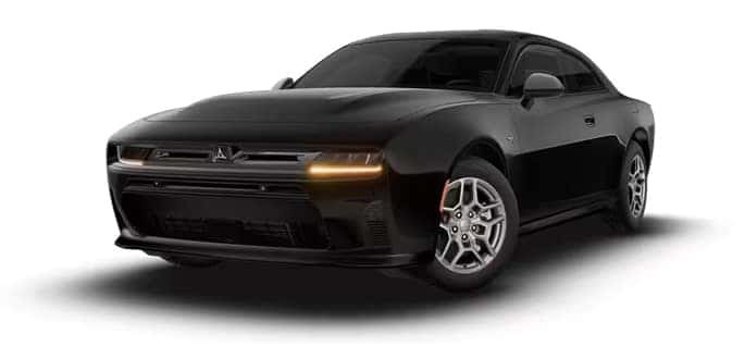 Black two-door Dodge Charger shown from a front three-quarter angle with silver wheels and amber front lights.