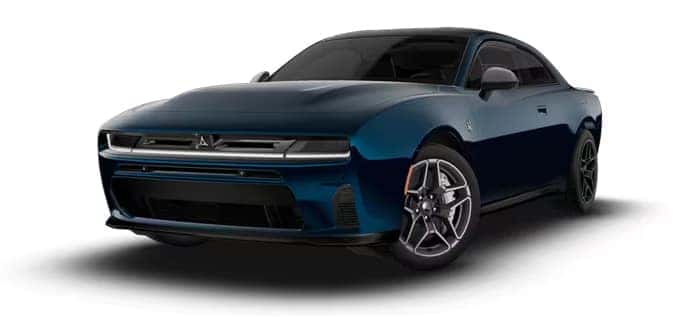 Dark blue two-door Dodge Charger shown from a front three-quarter angle with dark wheels and a white light bar.