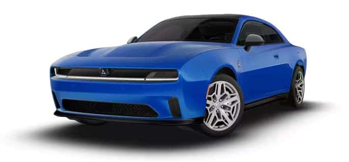 Bright blue two-door Dodge Charger shown from a front three-quarter angle with silver wheels and a white light bar.