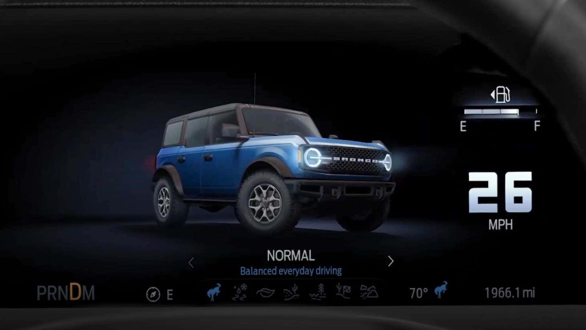 Ford Bronco digital instrument cluster showing Normal drive mode and G.O.A.T. Modes icons
