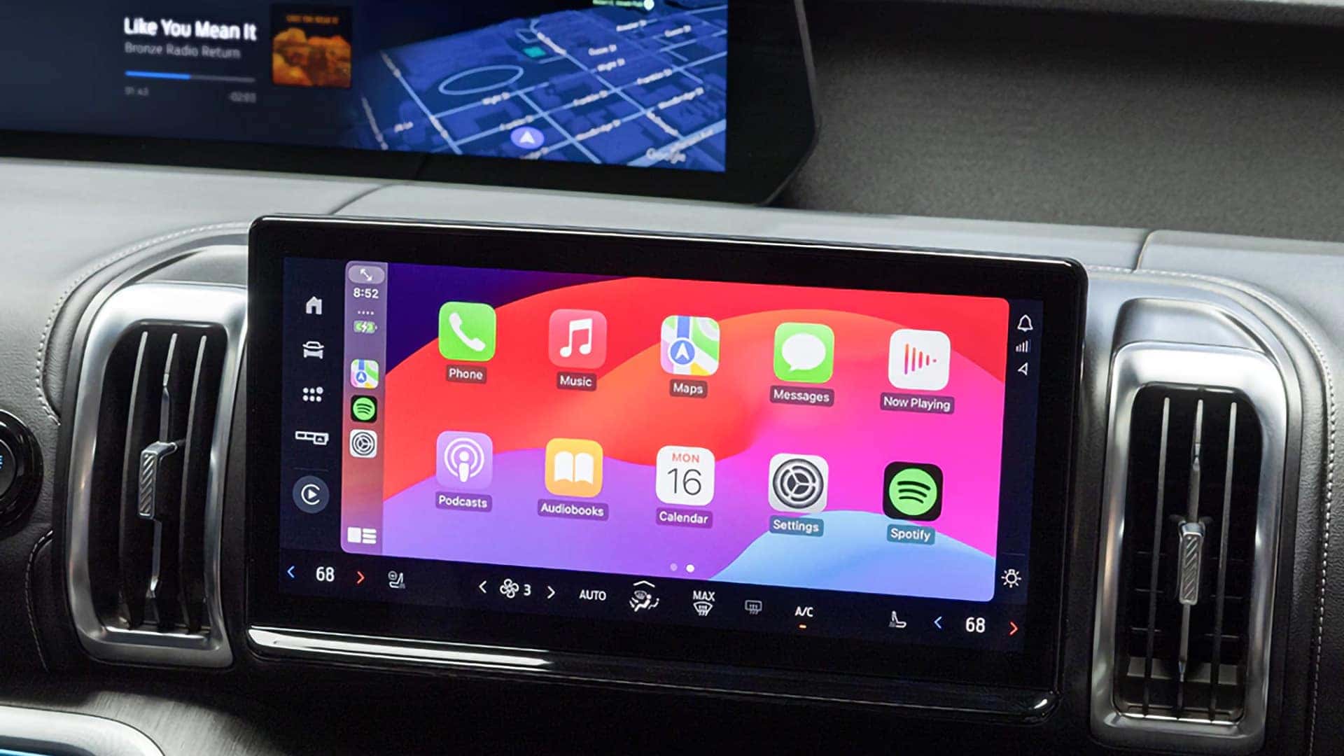 2026 Ford Expedition center touchscreen displaying Apple CarPlay apps, navigation, music, and messages