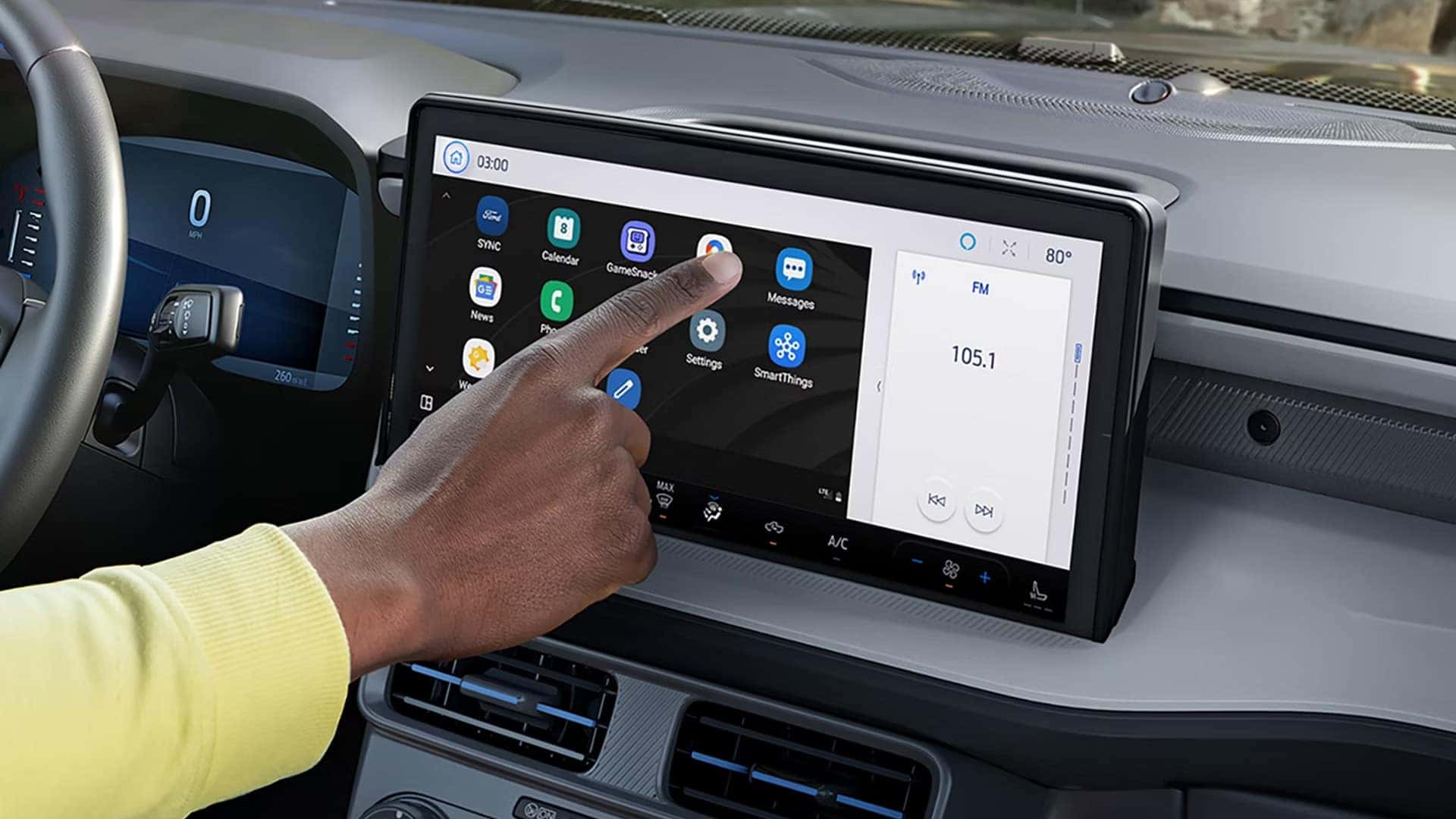 Person using the 2026 Ford Maverick center touchscreen to access connected apps