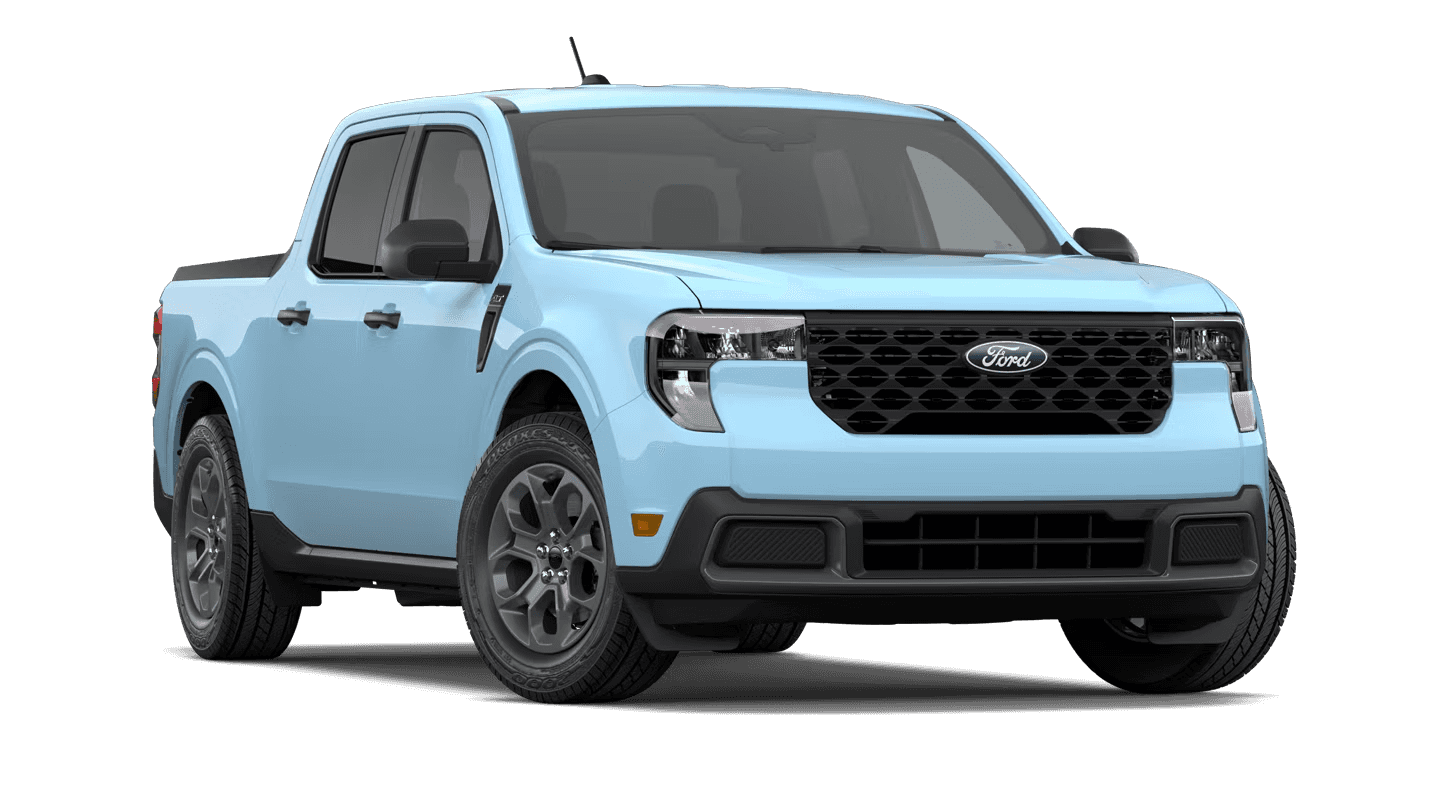 Light blue 2026 Ford Maverick XLT, front three-quarter view