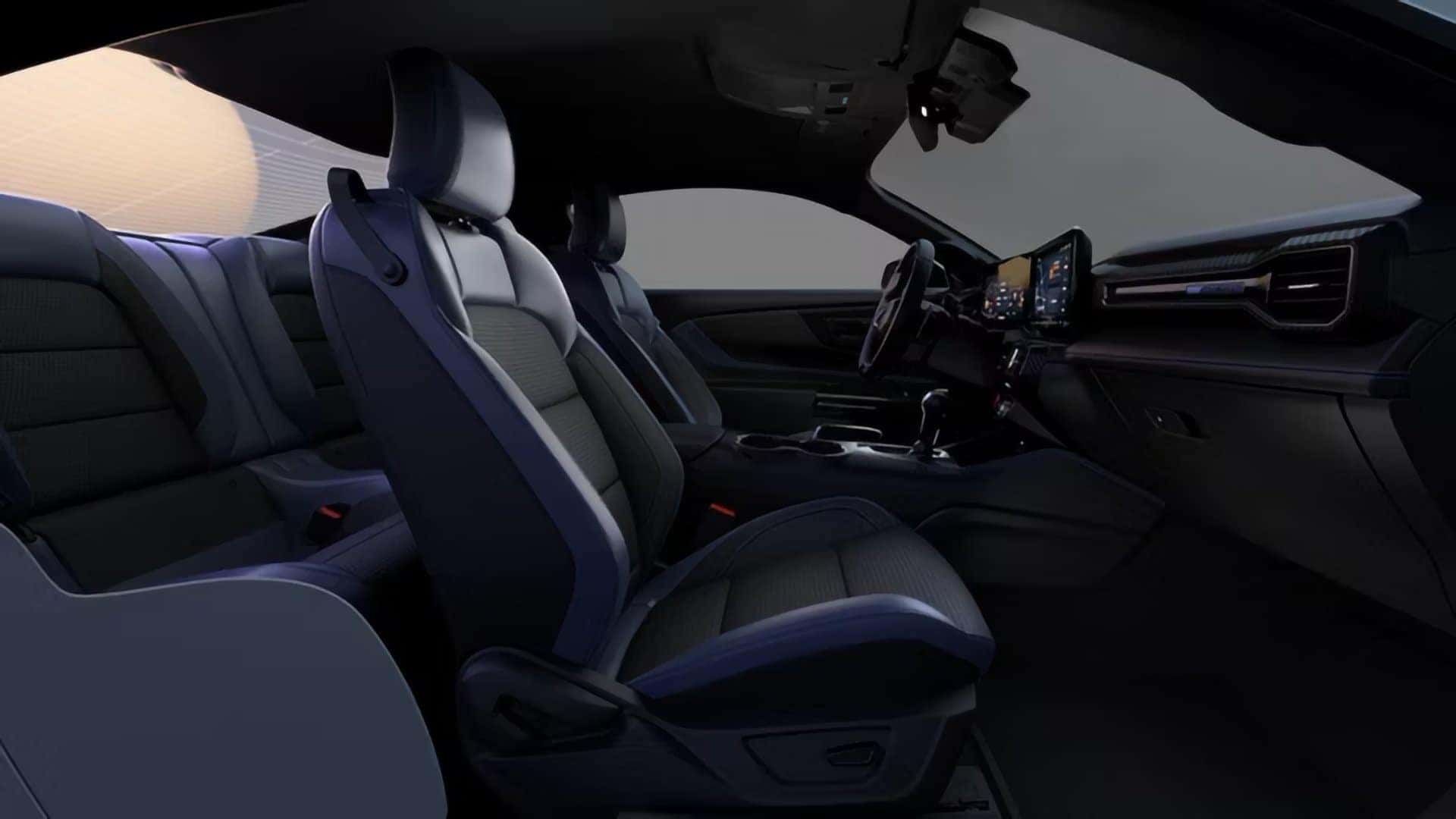 2026 Ford Mustang interior with front seats, rear seating, dashboard, and center display