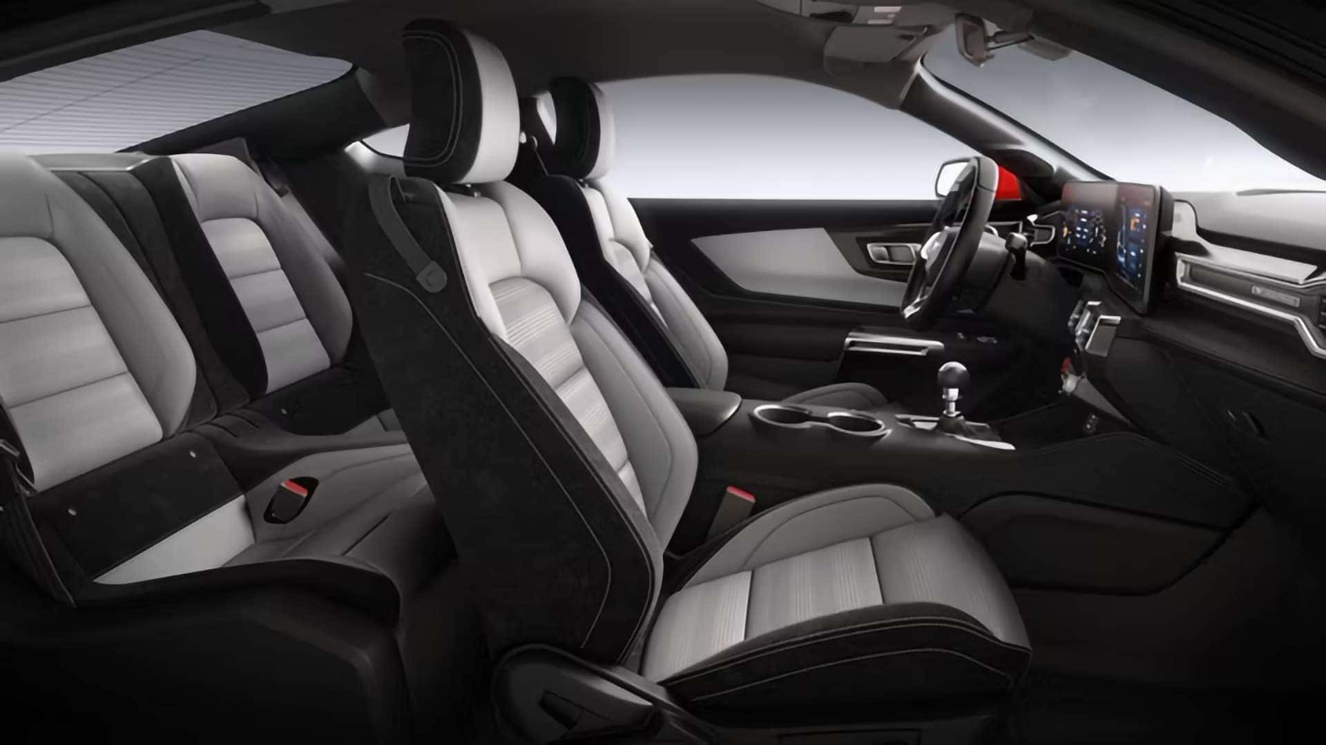 2026 Ford Mustang interior with front bucket seats, rear seats, and center console