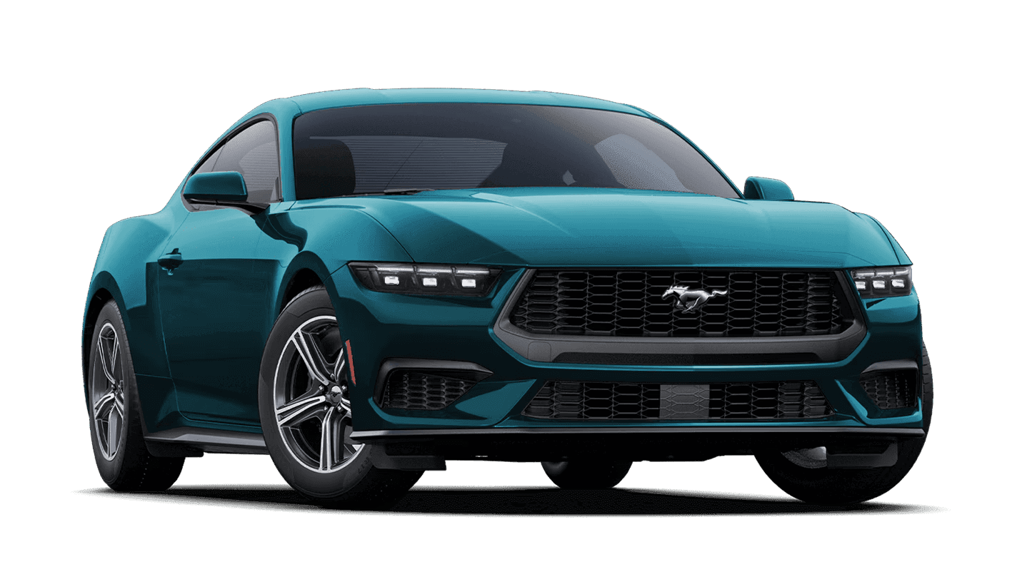 Adriatic Blue 2026 Ford Mustang EcoBoost Premium Fastback shown from the front three-quarter view