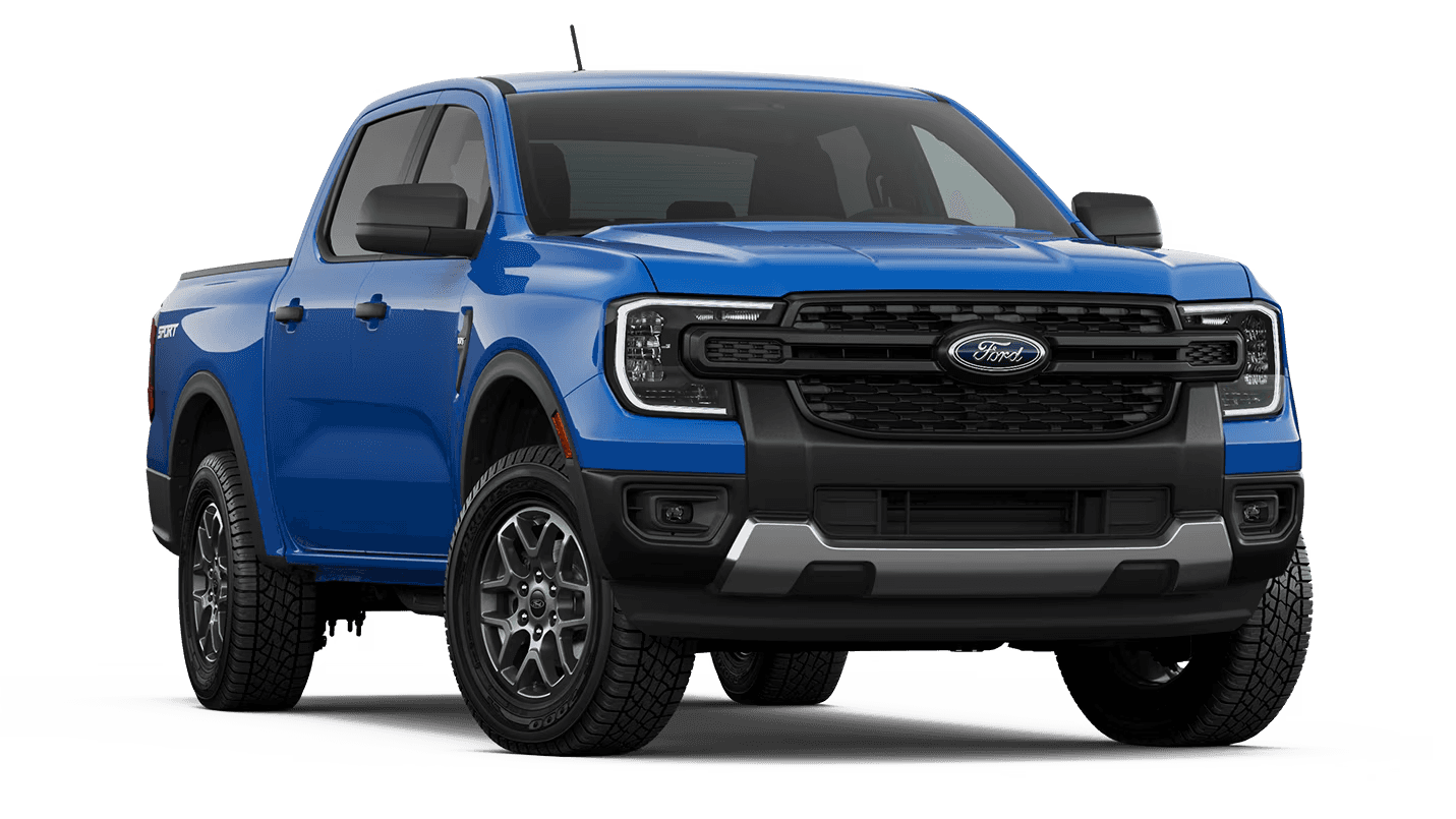 Blue 2026 Ford Ranger XLT pickup, front three-quarter view
