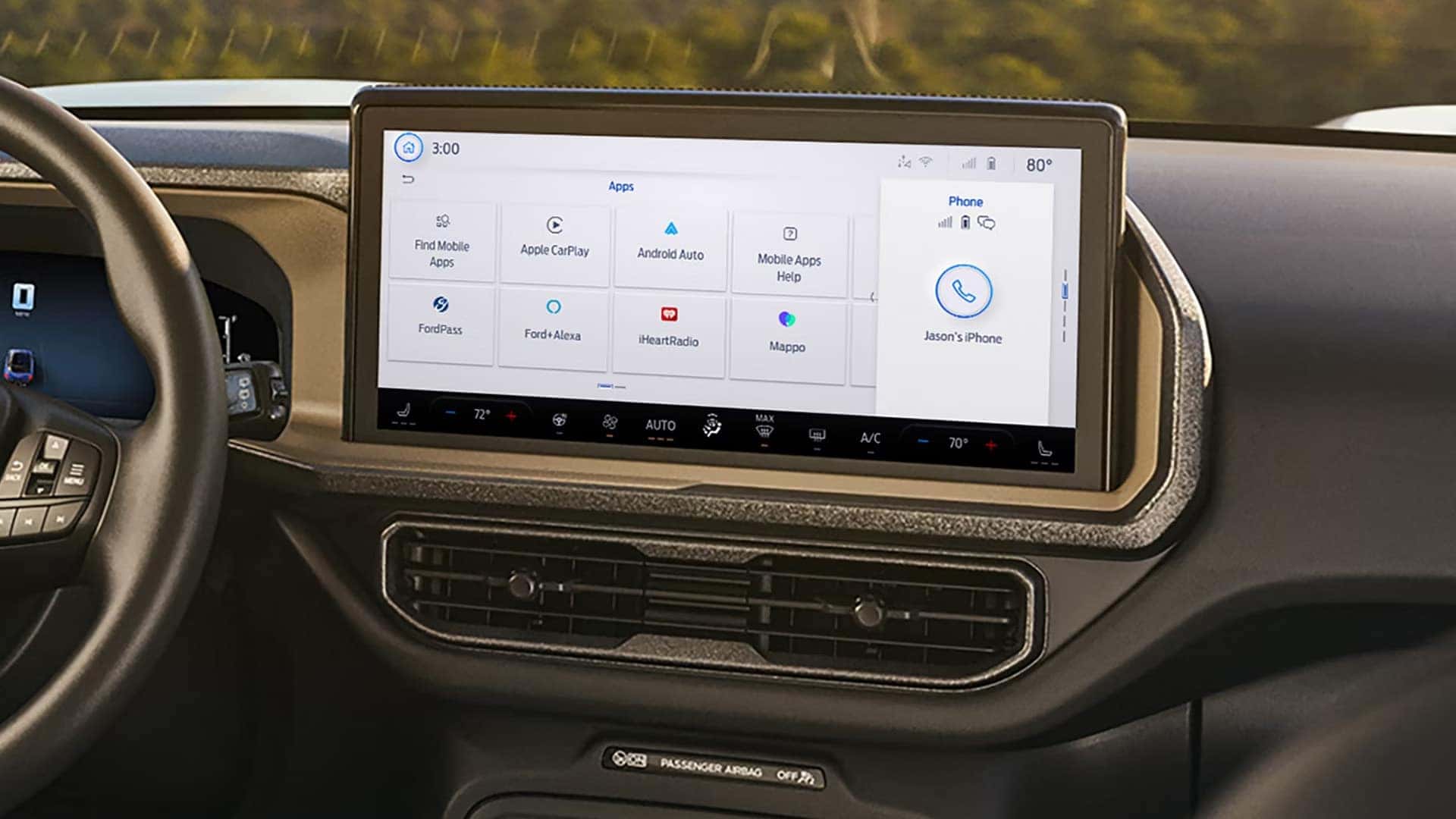 2026 Ford Bronco dashboard with a digital instrument cluster and touchscreen showing connected apps