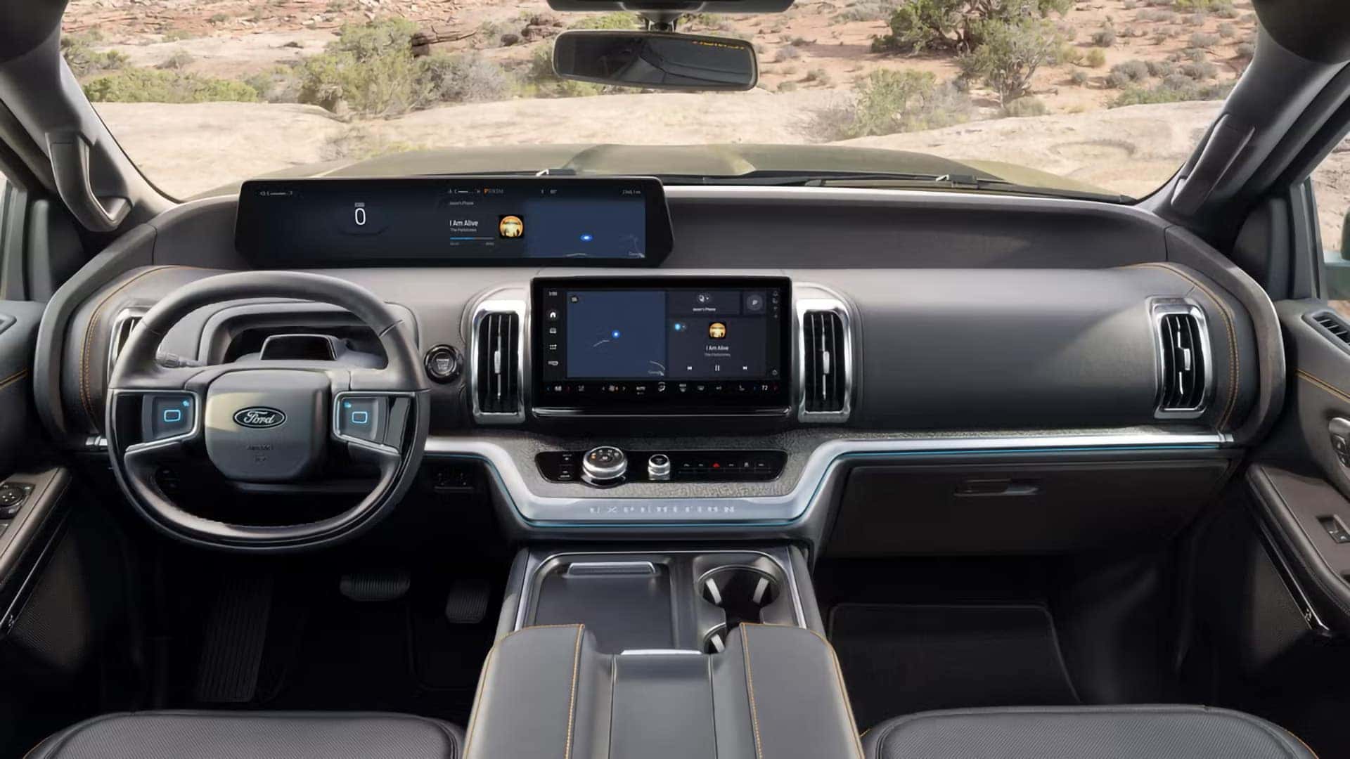2026 Ford Expedition dashboard with 24-inch panoramic display, center touchscreen, and steering wheel