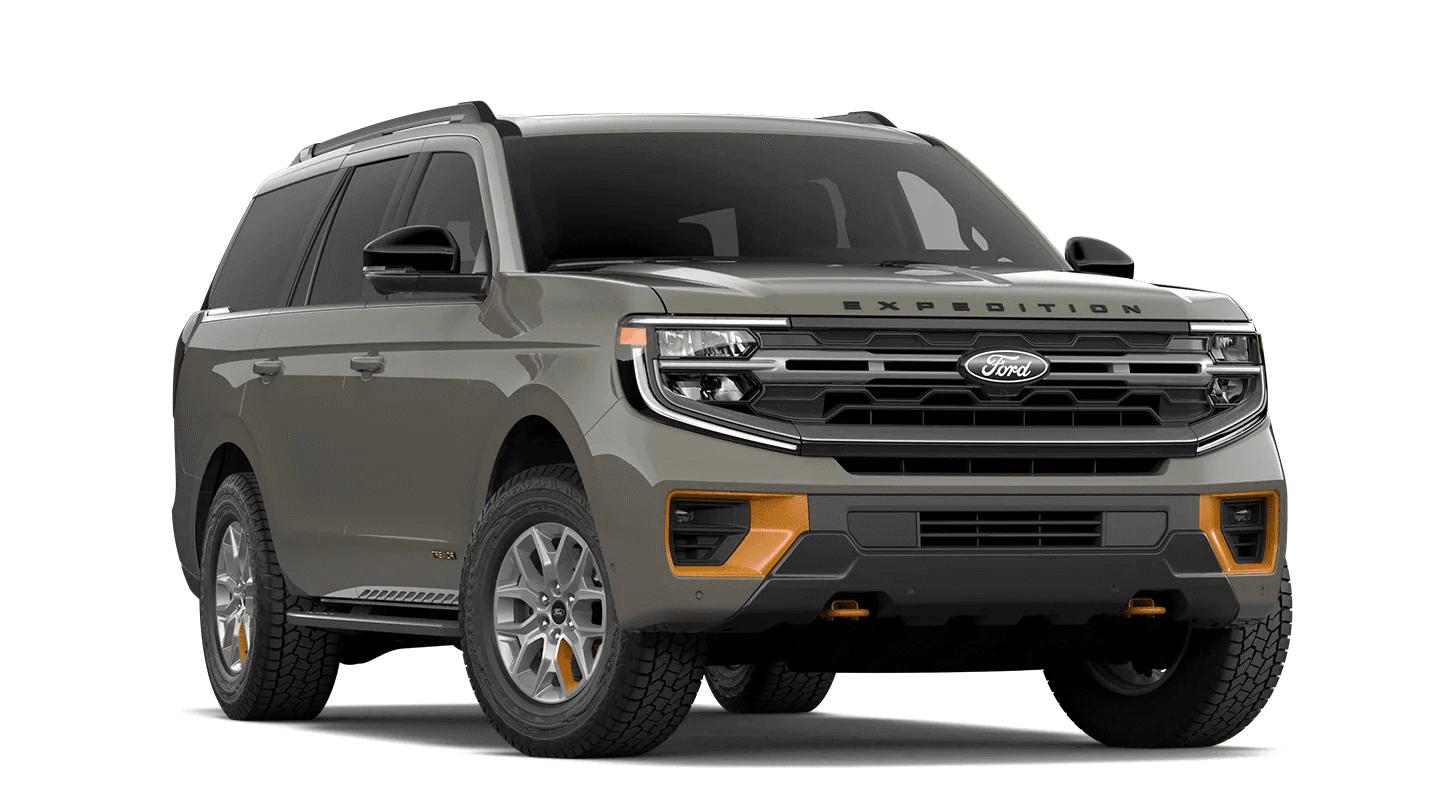 Gray 2026 Ford Expedition Tremor with orange accents, front three-quarter view
