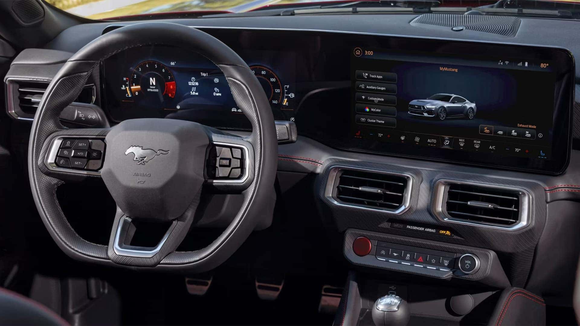 2026 Ford Mustang dashboard with digital instrument cluster and center touchscreen