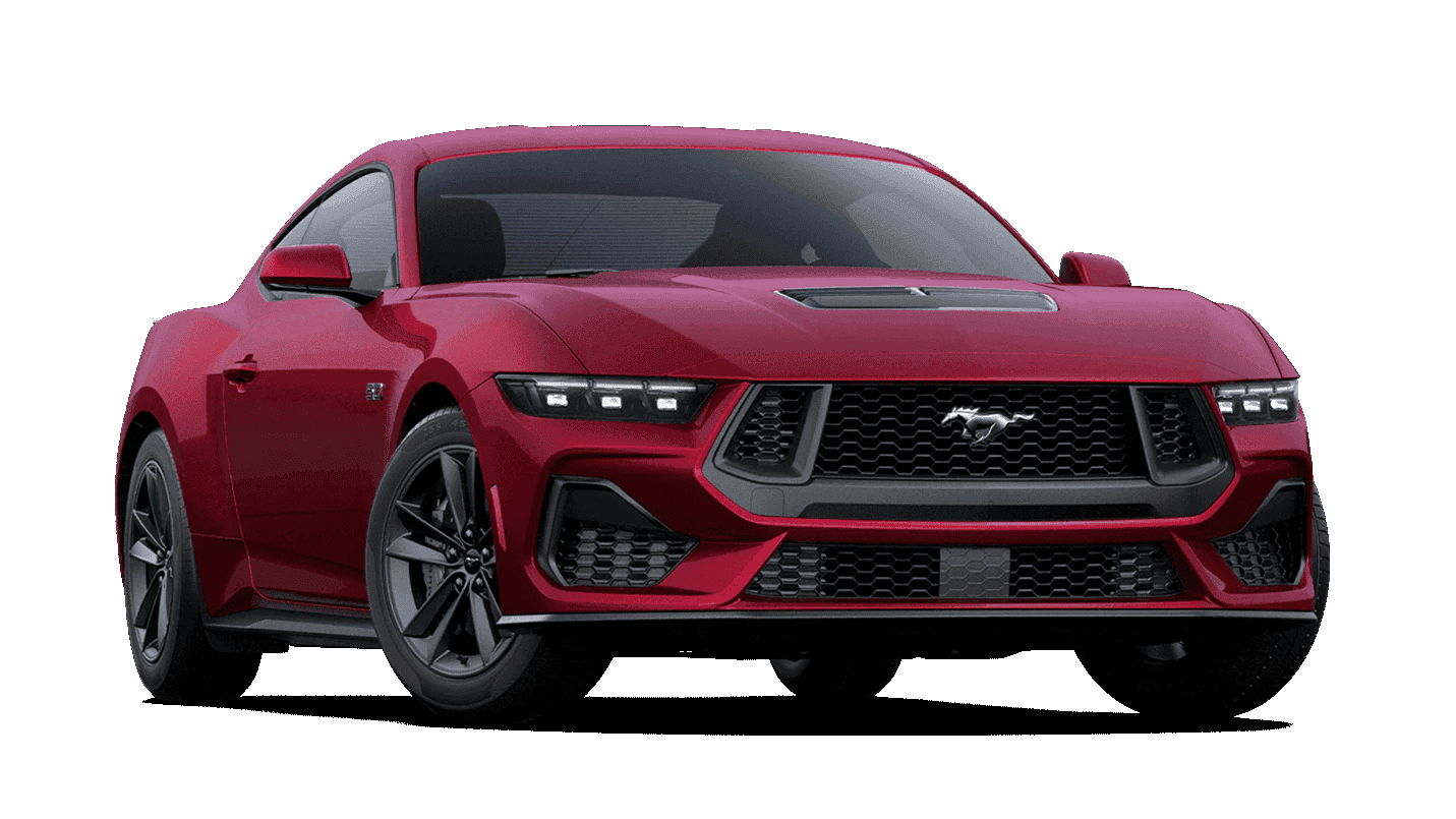 Magenta 2026 Ford Mustang GT Fastback with V8 styling and hood vent shown from the front