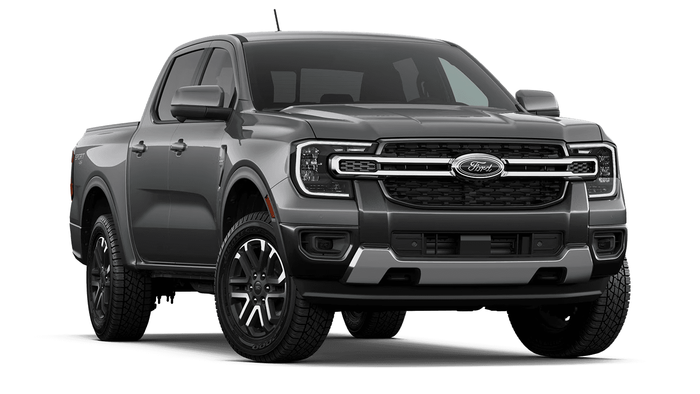 Gray 2026 Ford Ranger Lariat pickup, front three-quarter view