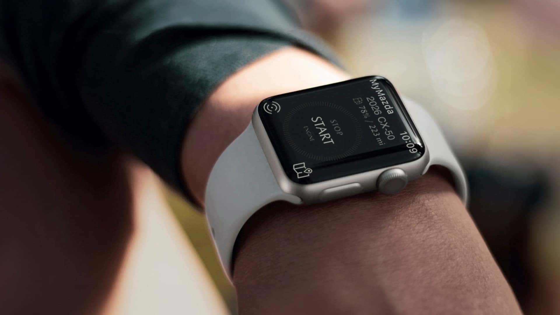 MyMazda App remote start controls for the 2026 Mazda CX-50 Hybrid displayed on a smartwatch