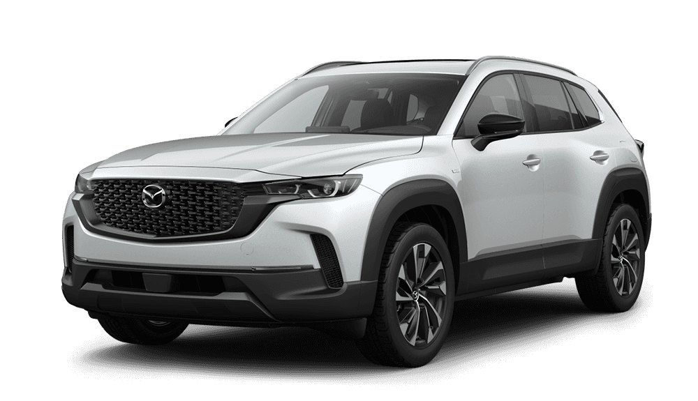 White 2026 Mazda CX-50 Hybrid Premium Plus shown from the front three-quarter angle