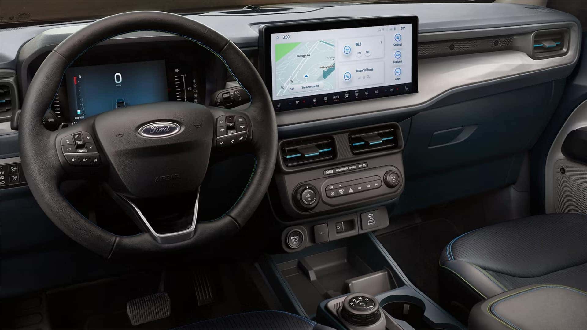 2026 Ford Maverick dashboard with digital gauges and a center touchscreen showing navigation